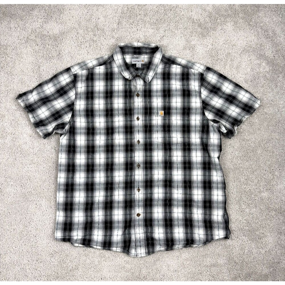 Carhartt Mens 2XL Black White Plaid Short Sleeve Button Up Shirt Relaxed Fit